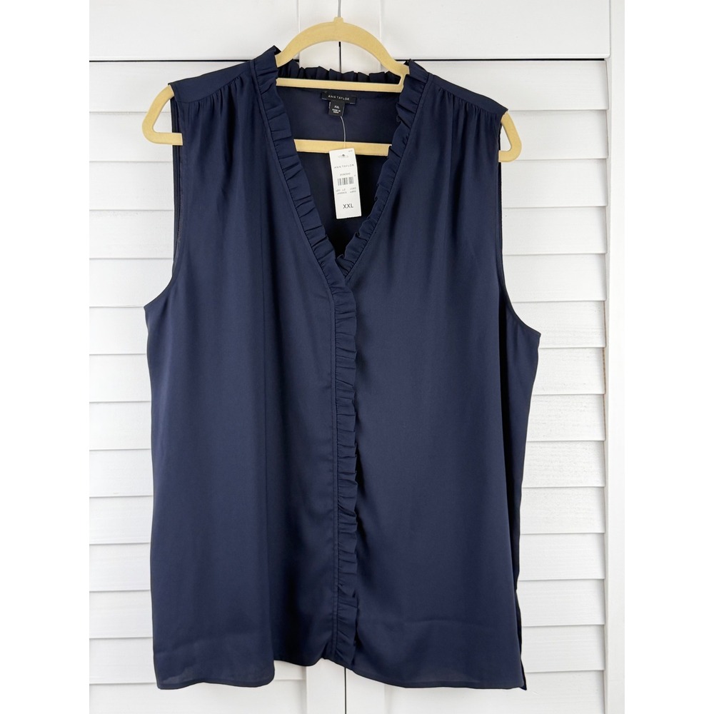 Ann Taylor Blouse XXL Navy Ruffle Trim Sleeveless V-Neck NEW